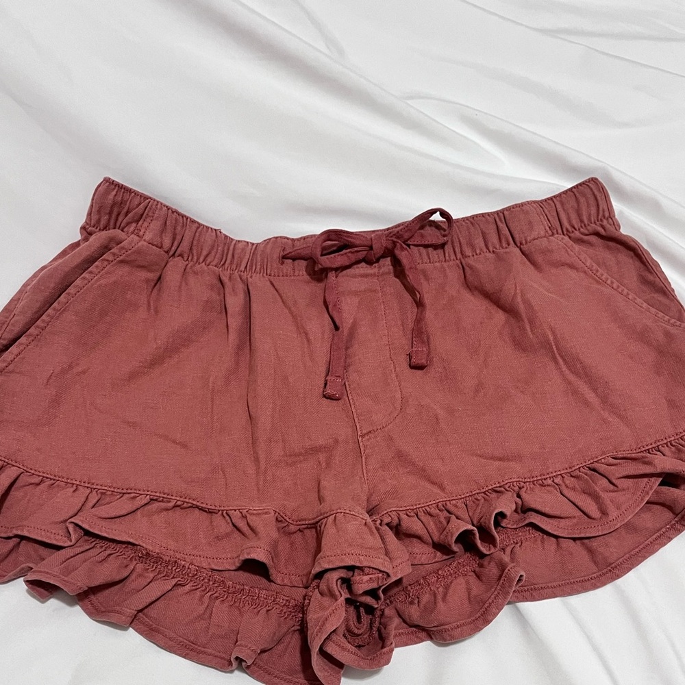 American Eagle Outfitters High Waist Ruffle Shorts in Brick Red